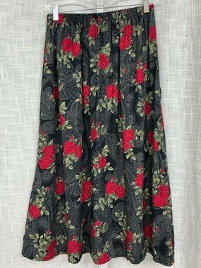 Nikki Black Full Midi Skirt with Red Rose Floral Print